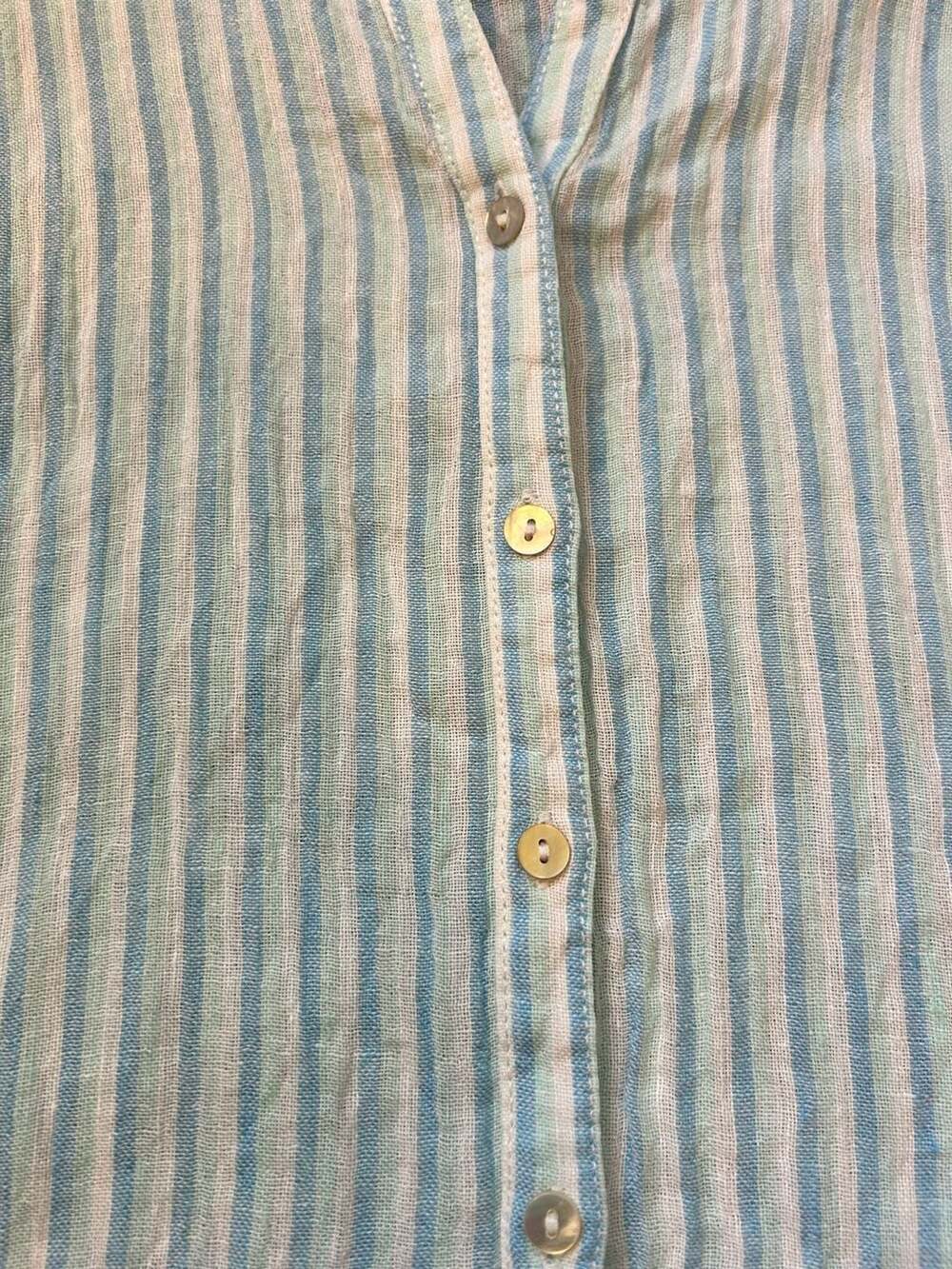 Women's Blue and Green Striped 100% Linen Button-Down Coastal Casual Beachy Boho
